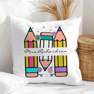 Colorful teacher name pencil cartoon throw pillow