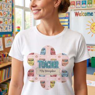 Colorful Teacher School Crayon Pattern  T-Shirt