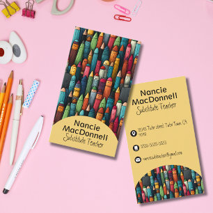 Colorful Teacher Tutoring Cartoon Crayon Pattern Business Card