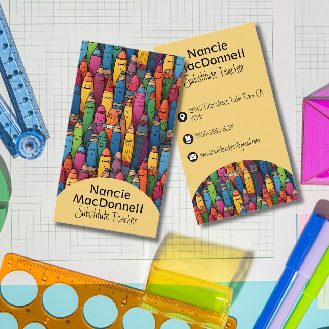 Colorful Teacher Tutoring Crayon Pattern Business Card (Creator Uploaded)