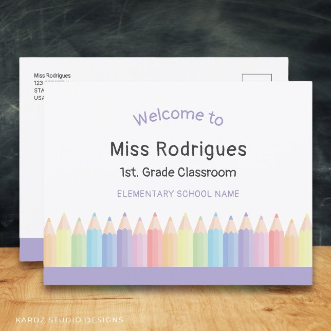 Colorful Teacher Welcome Back School Postcard (Edit the grade, name, and school. Add your info and message on the back.)