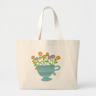 Colorful Teacup and Blooms Large Tote Bag