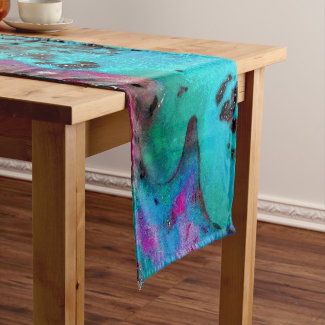 Colorful Teal Abstract Painting Short Table Runner (In Situ)