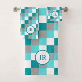 Colorful Teal and Aqua Checkered Matching Monogram