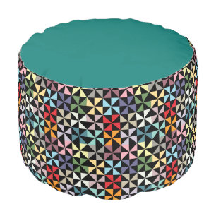 Colorful Teal and Black Geometric Pinwheel Pouf