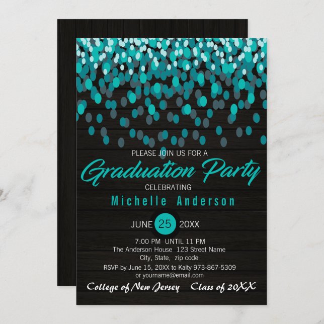 Colorful Teal Confetti Graduation Invitation (Front/Back)