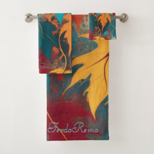 Colorful Teal Orange Autumn Leaves Botanical Patte Bath Towel Set