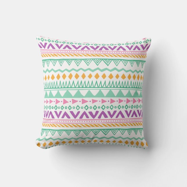 Colorful Teal Yellow Pink Purple Boho Tribal Throw Pillow (Front)