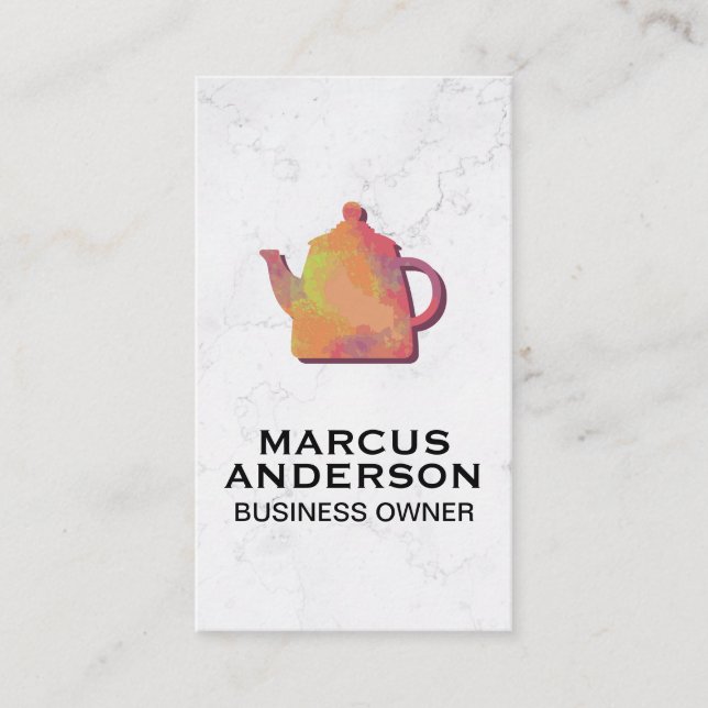 Colorful Teapot | White Marble Business Card (Front)
