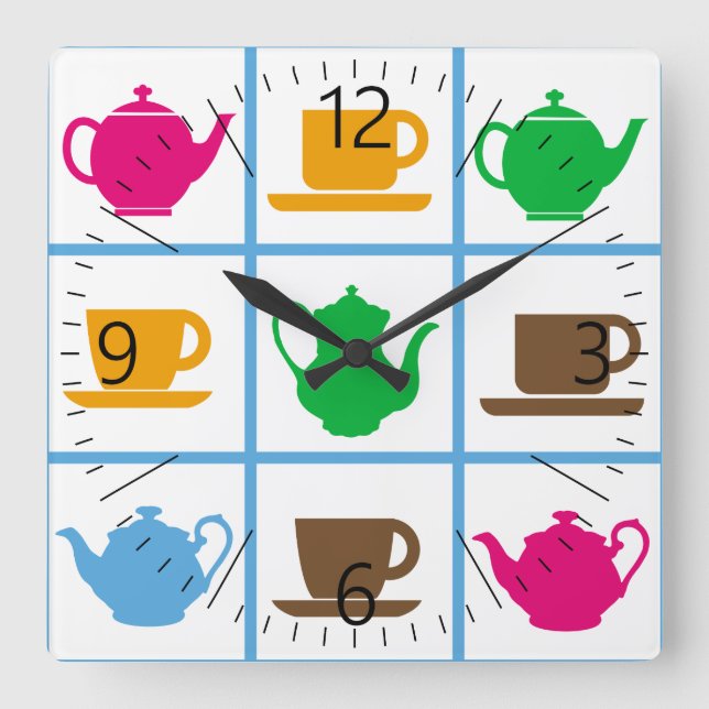 Colorful teapots pattern square wall clock (Front)
