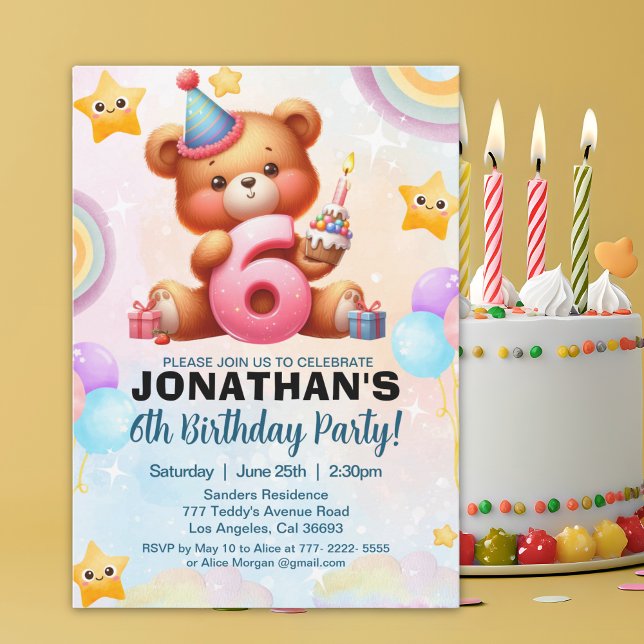 Colorful Teddy Bear Birthday 6 for Boy's Invitation (Creator Uploaded)