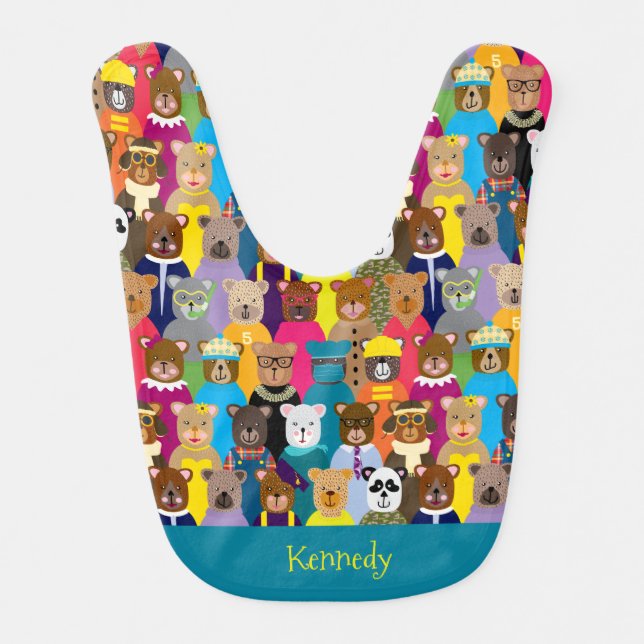Colorful Teddy Bears with Many Professions Baby Bib (Front)
