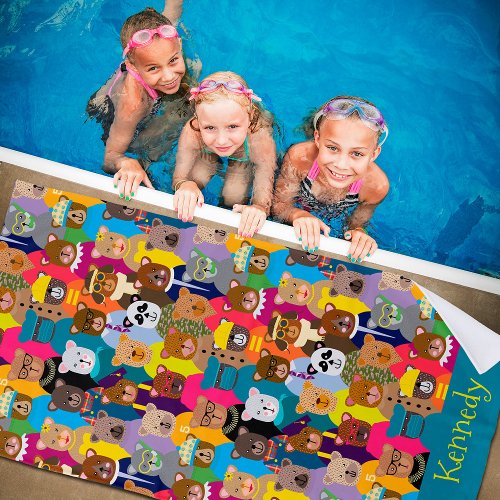 Colorful Teddy Bears with Many Professions Beach Towel