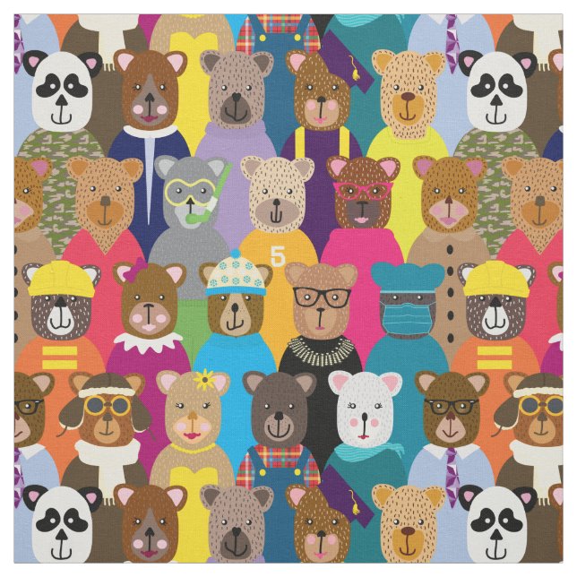 Colorful Teddy Bears with Many Professions Fabric (Swatch)