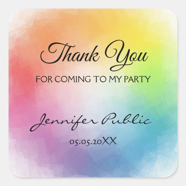 Colorful Template Thank You Hand Script Text Square Sticker | Zazzle