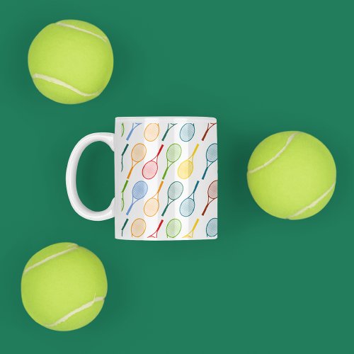 colorful tennis rackets pattern coffee mug