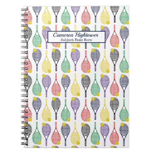 Colorful Tennis Racquet Ball Pattern Name Subject Notebook