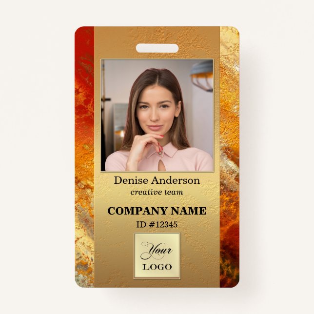 Colorful Terra Cotta Art Gold Photo ID Badge (Front)