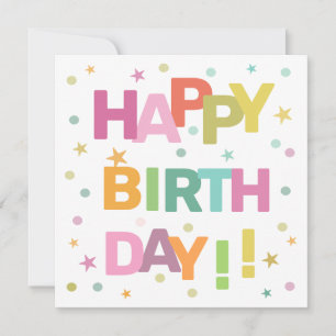 Colorful Text Confetti and Stars Happy Birthday Card