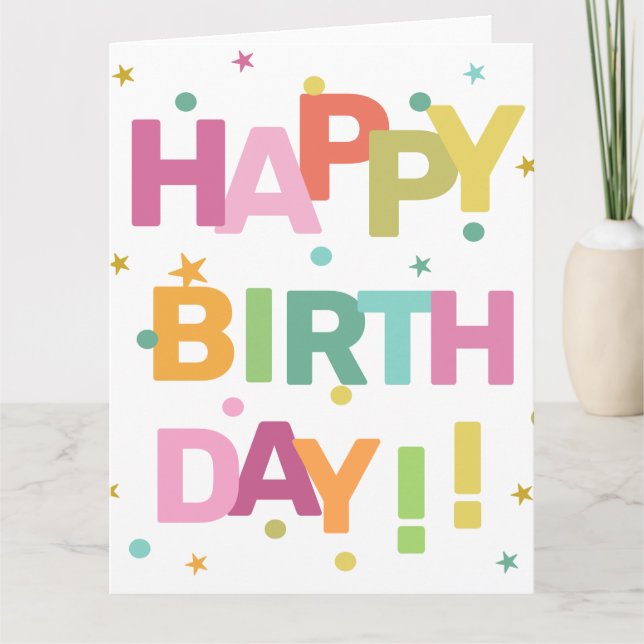 Colorful Text Confetti and Stars Happy Birthday    Card (Front)