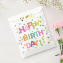 Colorful Text Confetti and Stars Happy Birthday