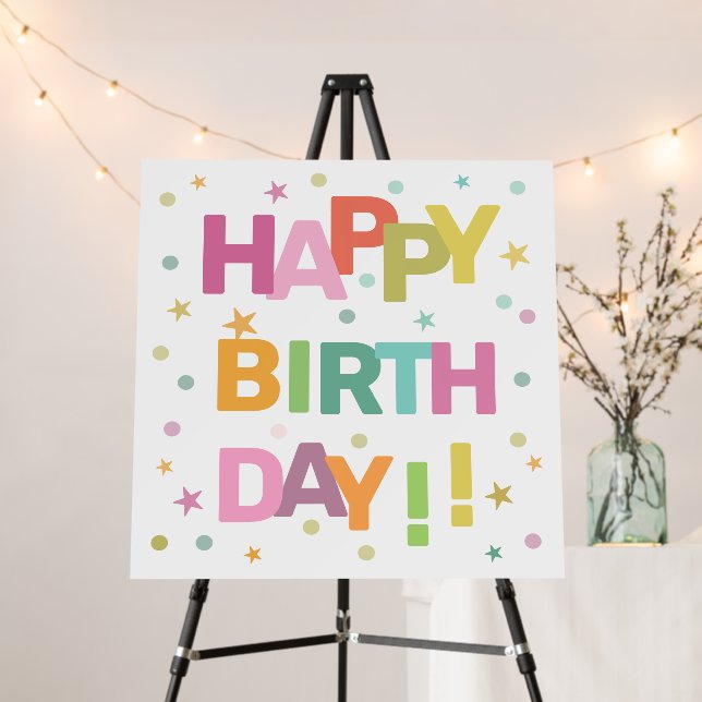 Colorful Text Confetti and Stars Happy Birthday    Foam Board (In Situ (Stand))