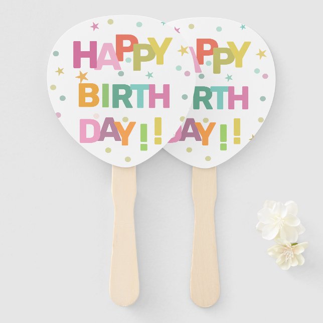 Colorful Text Confetti and Stars Happy Birthday    Hand Fan (Front and Back)