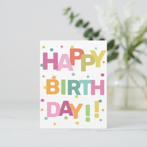Colorful Text Confetti and Stars Happy Birthday   Postcard