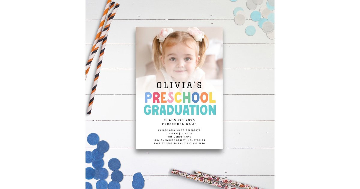Colorful Text Photo Preschool Graduation Invitation | Zazzle