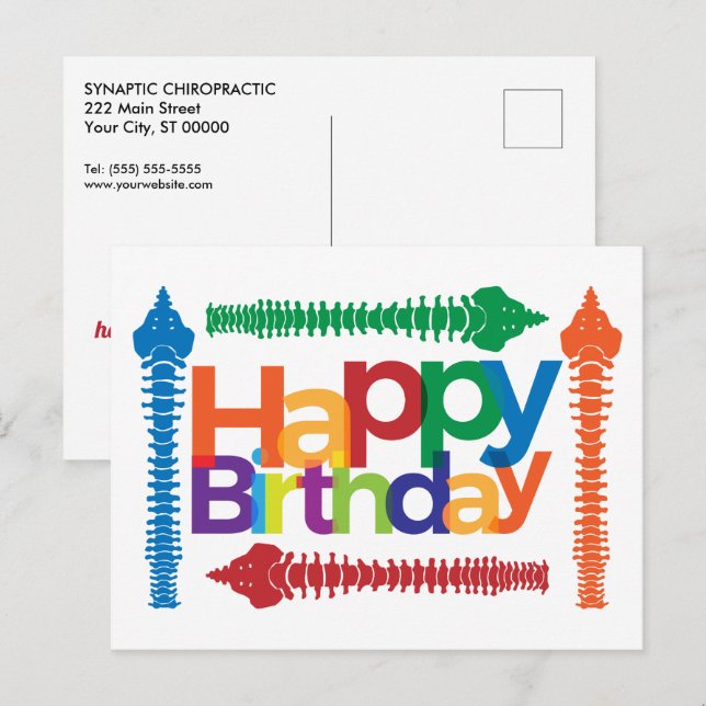 Colorful Text with Spines Chiropractic Birthday Postcard (Front/Back)