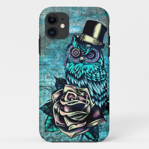 Colorful textured owl illustration on teal base iPhone 11 case