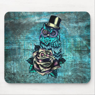 Colorful textured owl illustration on teal base. mouse pad