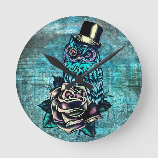 Colorful textured owl illustration on teal base. round clock (Front)