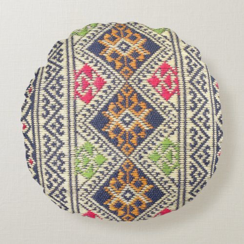 Colorful Thailand style rug surface close up vinta Round Pillow