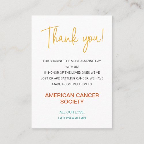 Colorful Thank You Donation To Charity Wedding Place Card
