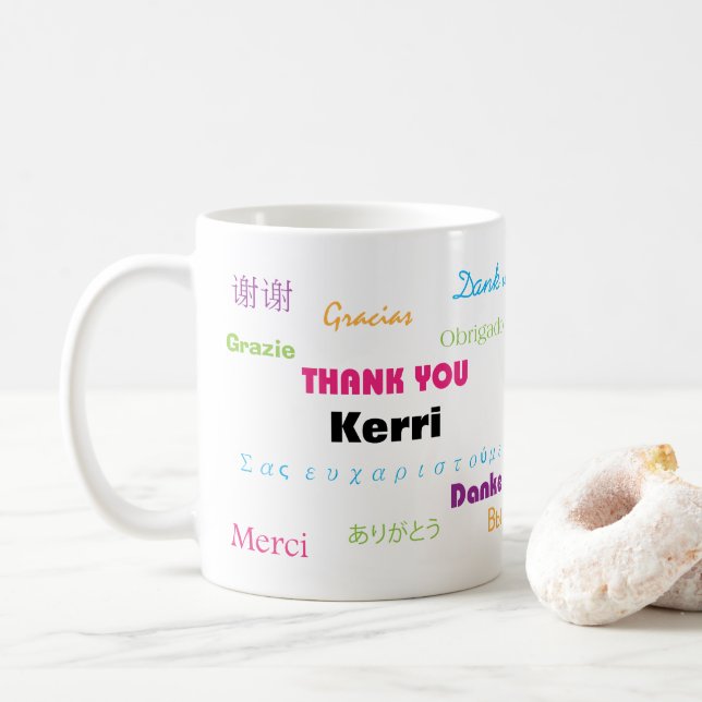 Colorful Thank You Many Languages Personalize Coffee Mug (With Donut)