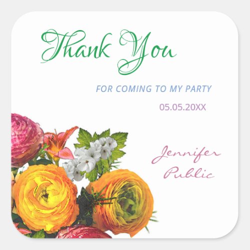 Colorful Thank You Watercolor Flowers Roses Script Square Sticker