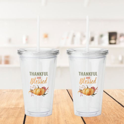Colorful Thankful And Blessed With Pumpkin Gift Acrylic Tumbler