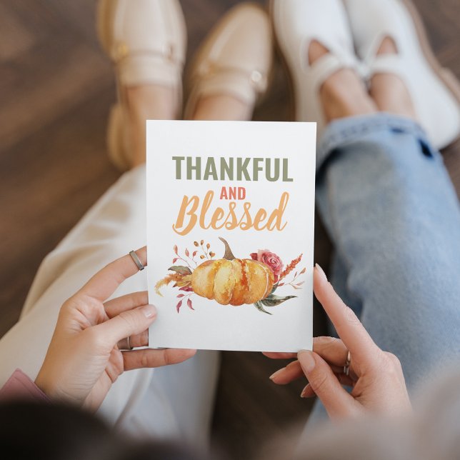 Colorful Thankful And Blessed With Pumpkin Gift Holiday Card (Creator Uploaded)