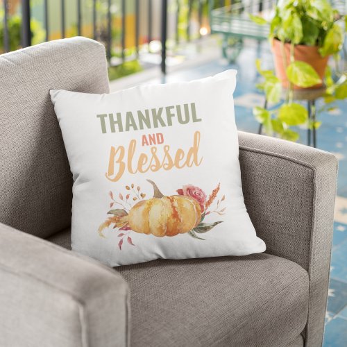 Colorful Thankful And Blessed With Pumpkin Gift Outdoor Pillow