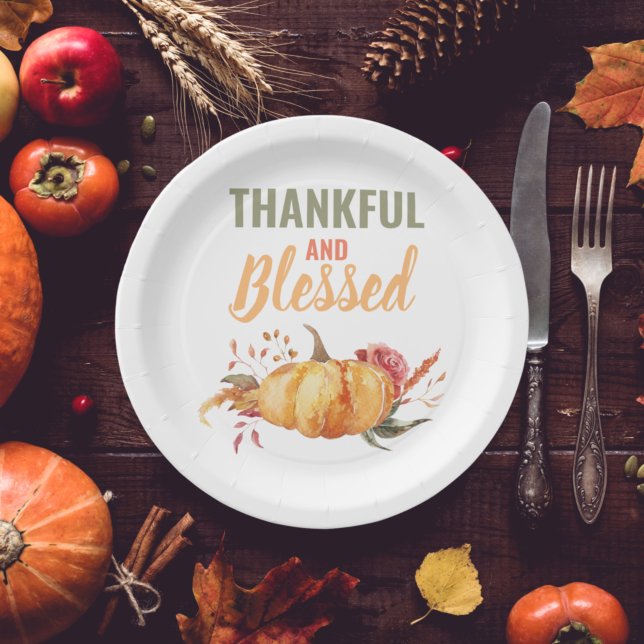 Colorful Thankful And Blessed With Pumpkin Gift Paper Plates (Creator Uploaded)