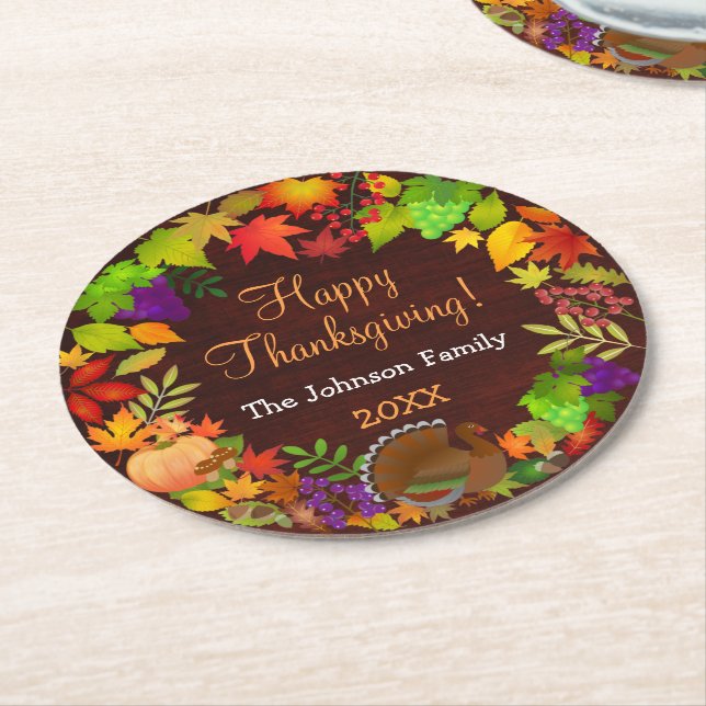 Colorful Thanksgiving Harvest Round Paper Coaster (Angled)