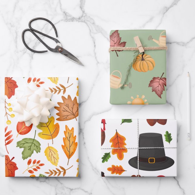 Colorful Thanksgiving set of 3 Wrapping Paper Sheets (Front)