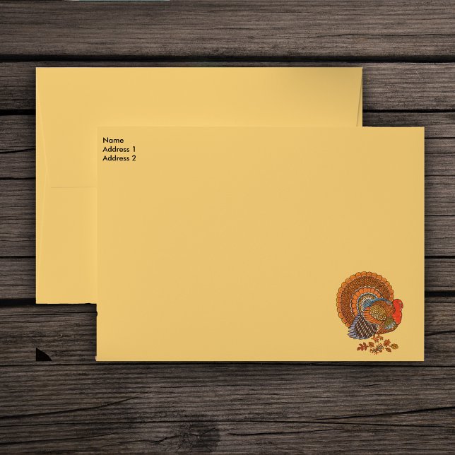 Colorful Thanksgiving Turkey Note Card Envelope (Thanksgiving male turnkey fanned tail Autumn Coloured feathers on golden yellow mailing envelopes.)