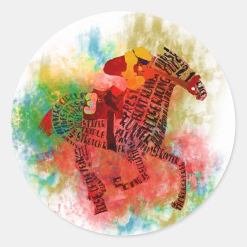 Colorful Thoroughbred In Typography Classic Round Sticker by ginnyl52 at Zazzle