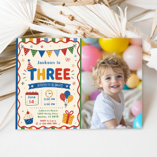 Colorful THREE 3rd Birthday Party Invitation
