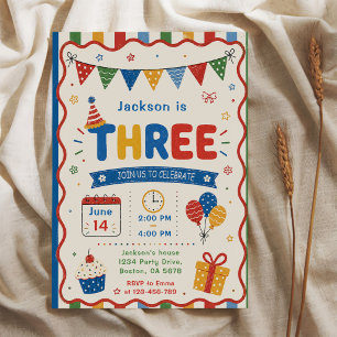 Colorful THREE 3rd Birthday Party Invitation