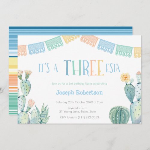 Colorful THREE_esta Mexican 3rd Birthday Party Invitation