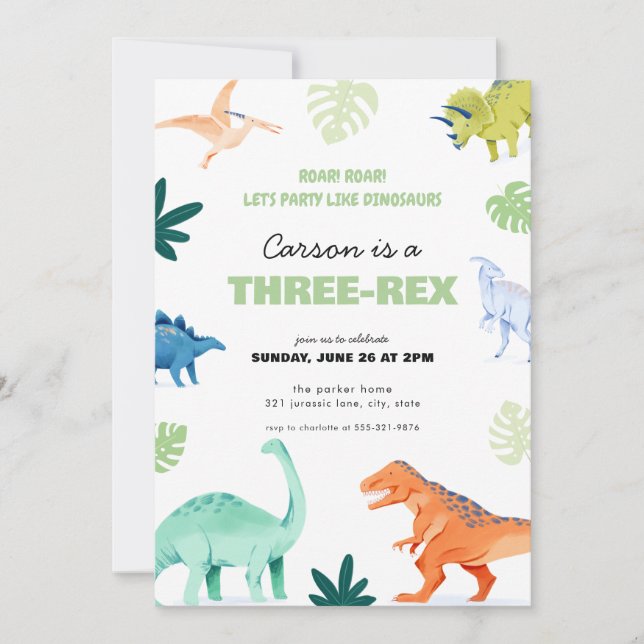 Colorful Three-Rex Dinosaur Birthday Invitation (Front)