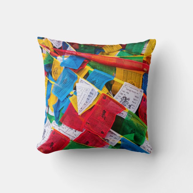 Colorful Tibetan prayer flags - Tibet Throw Pillow (Front)